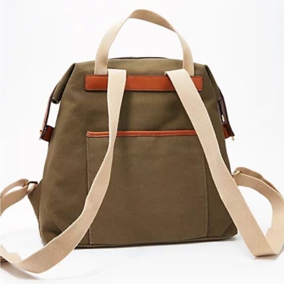G.I.L.I. Leather Trim Canvas Backpack Olive Stripe Zip Top Adjustable Straps main image 11
